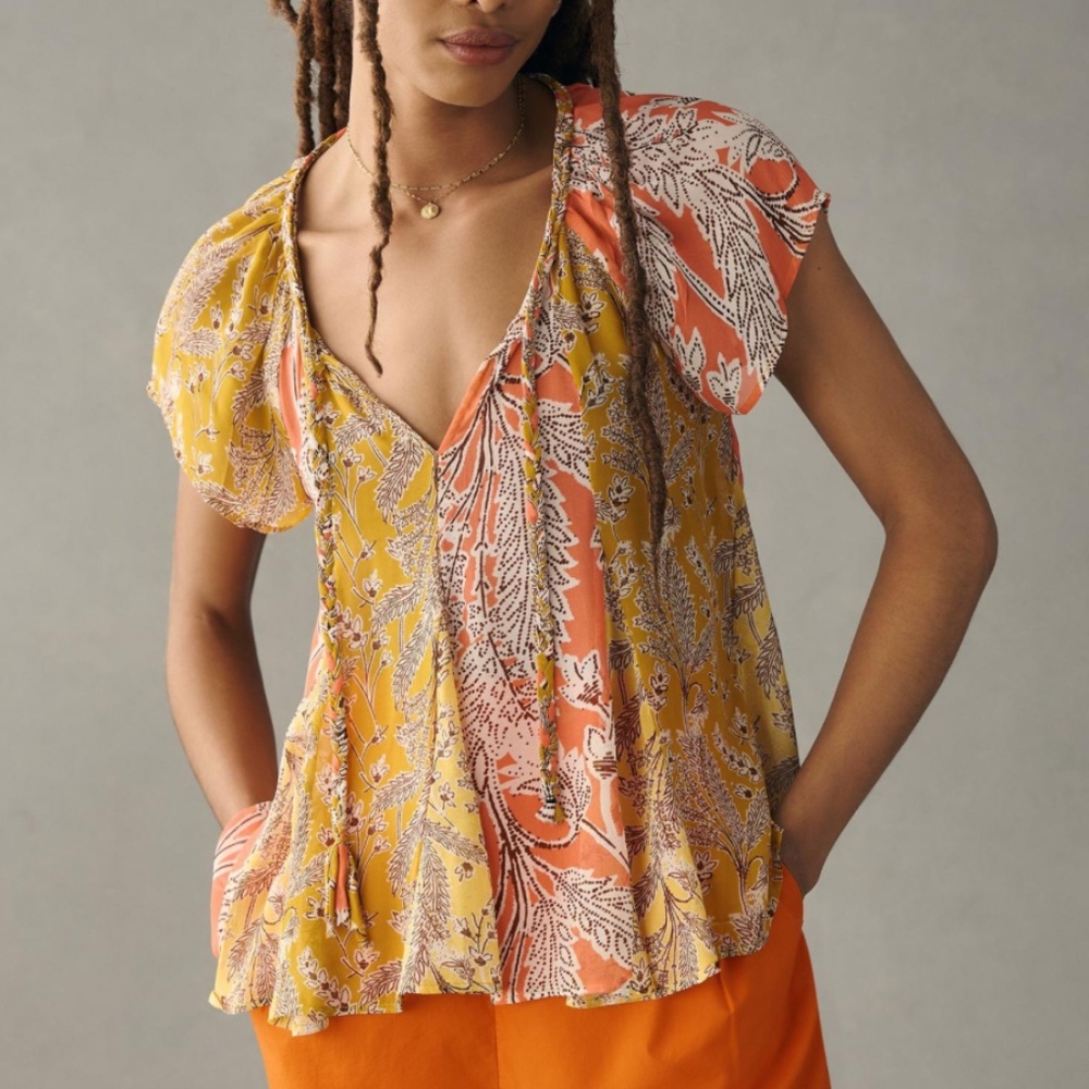 By Anthropologie Sheer Short-Sleeve Blouse SIZE M